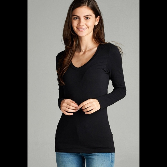 Tops - Plain T-Shirt Basic Top V-Neck Long Sleeve Black